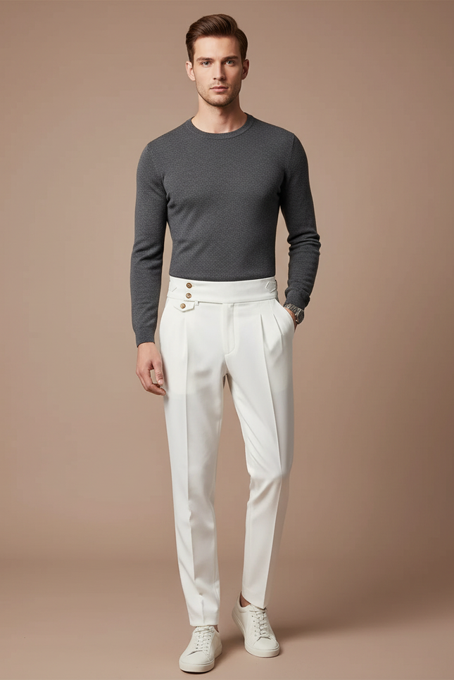 Pantalon À Pince Blanc Taille Haute Plissé Élégant - Gabardine