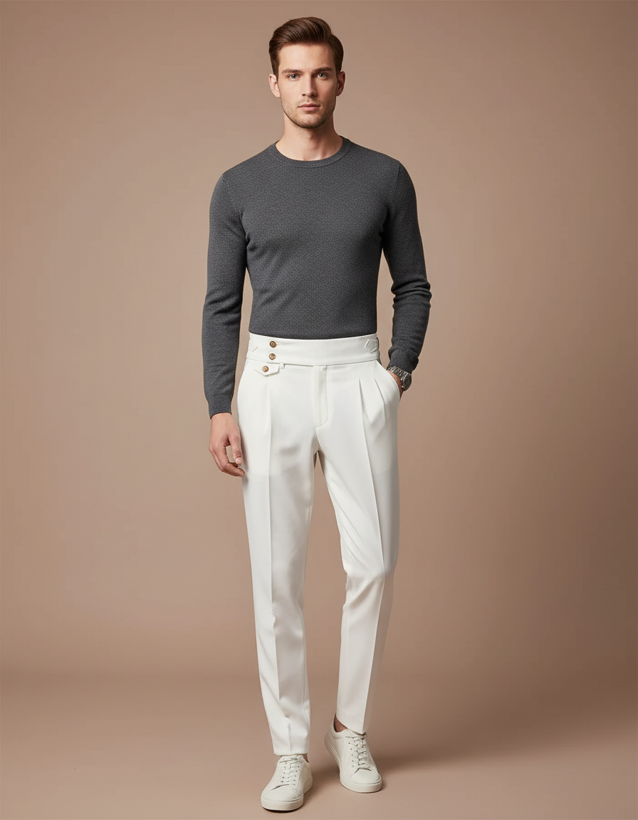 Pantalon À Pince Blanc Taille Haute Plissé Élégant - Gabardine