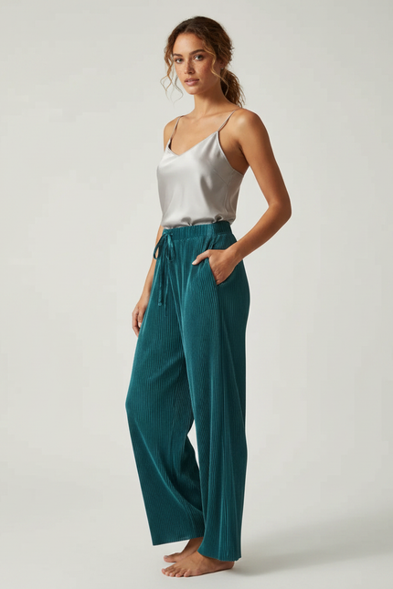 Pantalon À Pince Plissé Fluide Vert Émeraude Confortable - Cordé