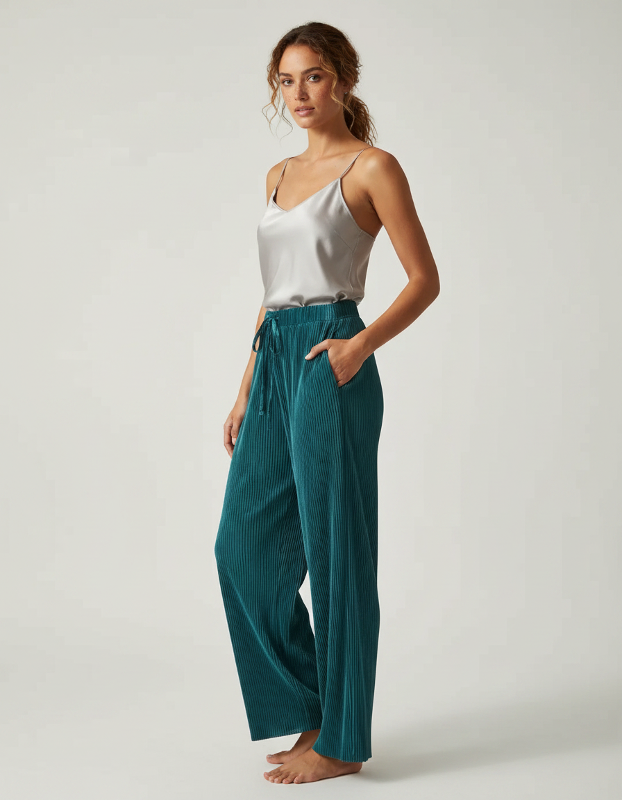 Pantalon À Pince Plissé Fluide Vert Émeraude Confortable - Cordé