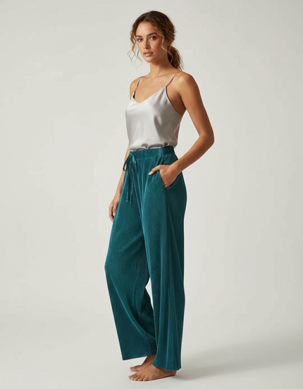 Pantalon À Pince Plissé Fluide Vert Émeraude Confortable - Cordé