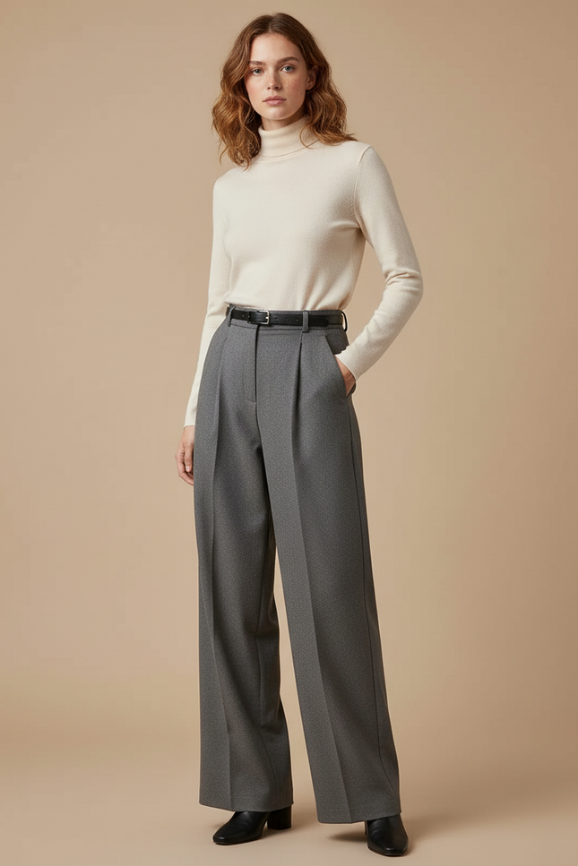 Pantalon À Double Pince - Gris Laine