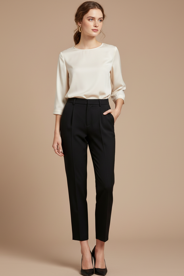Pantalon À Pince Noir Taille Haute Droit Femme - Polyester