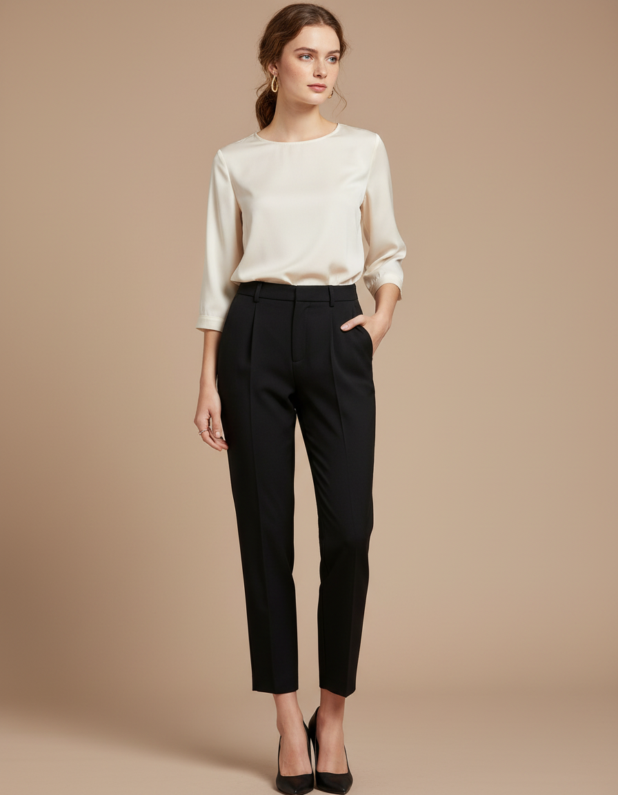 Pantalon À Pince Noir Taille Haute Droit Femme - Polyester