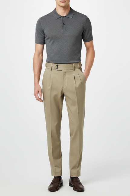 Pantalon À Pince Kaki Plissé Ceinturé Élégant Homme - Gabardine