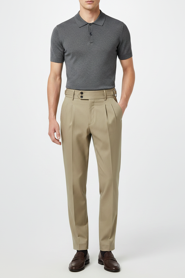 Pantalon À Pince Kaki Plissé Ceinturé Élégant Homme - Gabardine