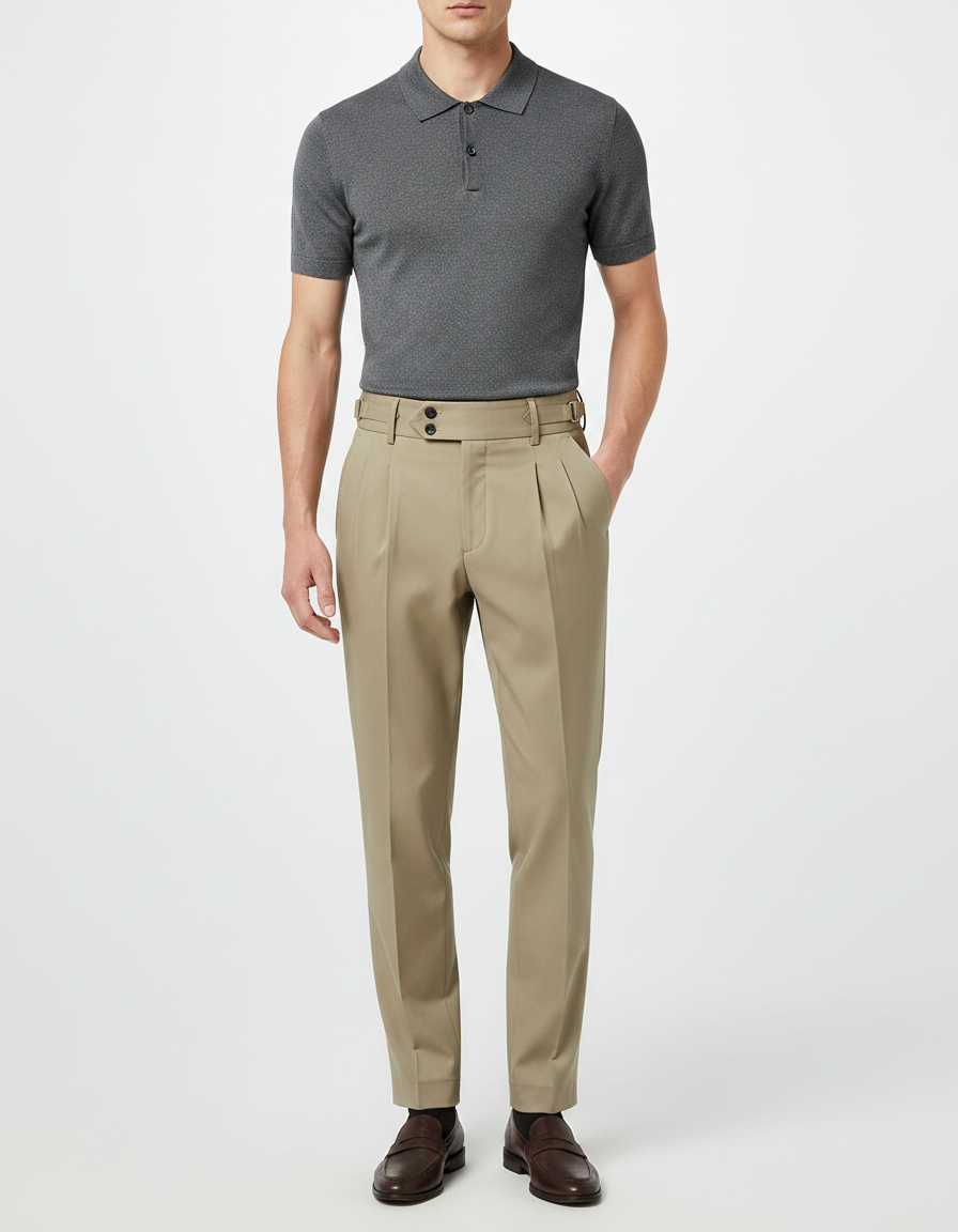 Pantalon À Pince Kaki Plissé Ceinturé Élégant Homme - Gabardine