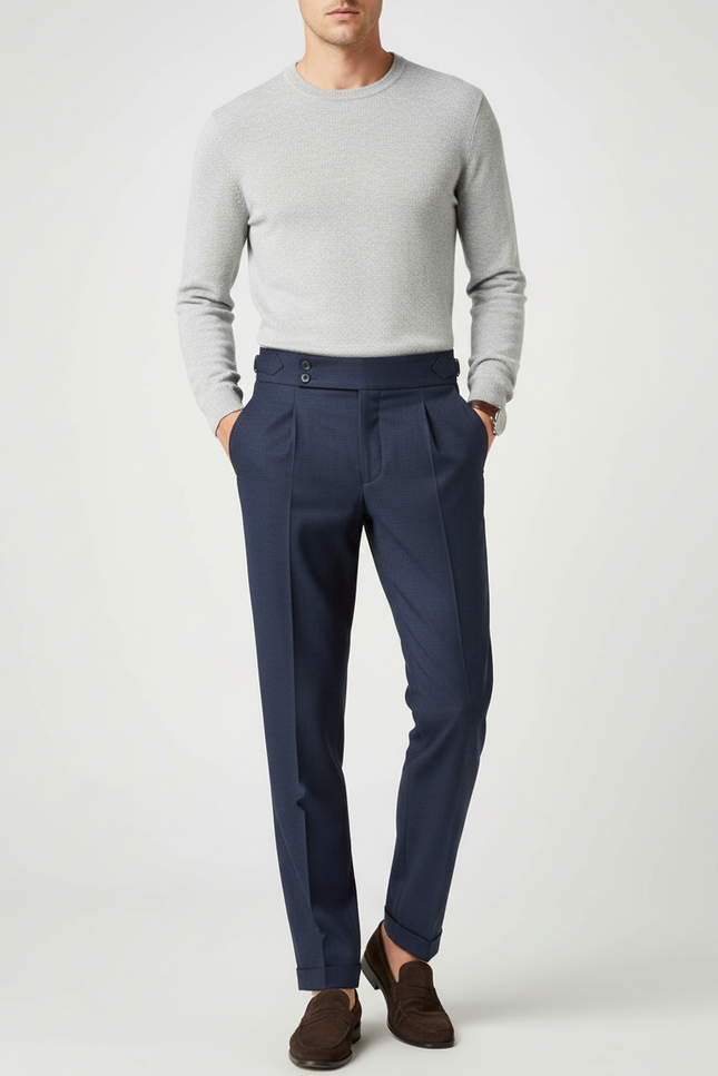 Pantalon À Pince Bleu Marine Plissé Élégant Ceinturé Homme - Laine