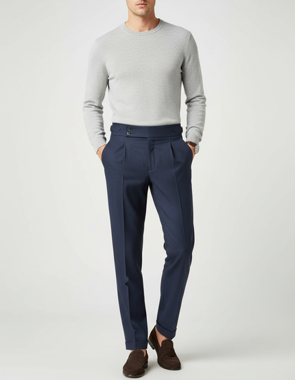 Pantalon À Pince Bleu Marine Plissé Élégant Ceinturé Homme - Laine