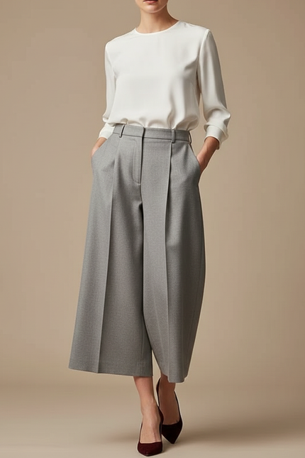 Pantalon À Pince Gris Plissé Ample Court Femme - Laine