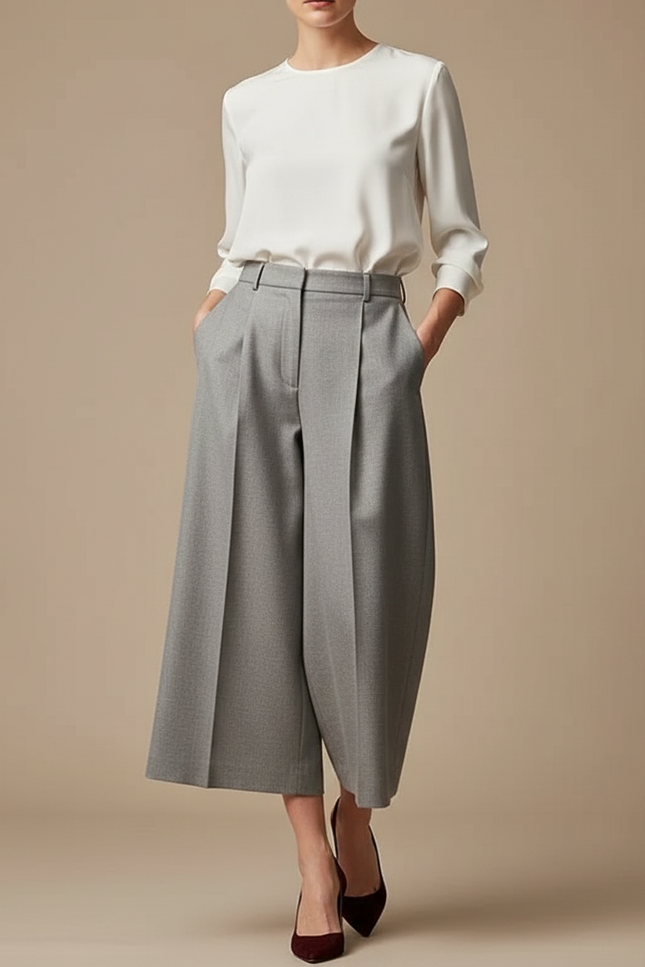 Pantalon À Pince Gris Plissé Ample Court Femme - Laine