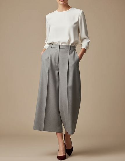 Pantalon À Pince Gris Plissé Ample Court Femme - Laine