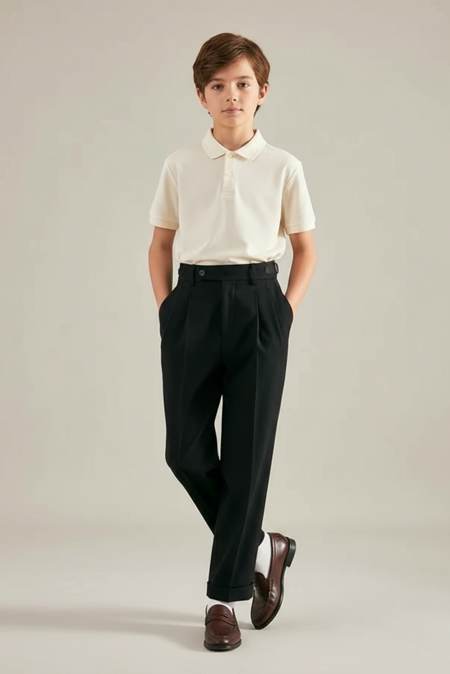 Pantalon À Pince Noir Plissé Élégant Classique Garçon - Gabardine