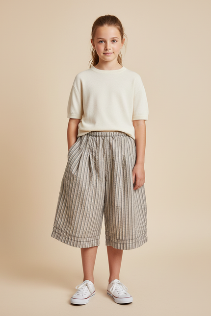 Pantalon À Pince Rayé Coton Ample Court Décontracté - Multicolore
