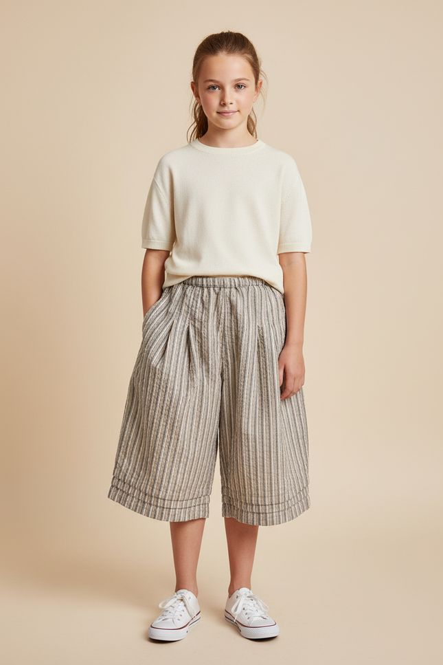 Pantalon À Pince Rayé Coton Ample Court Décontracté - Multicolore