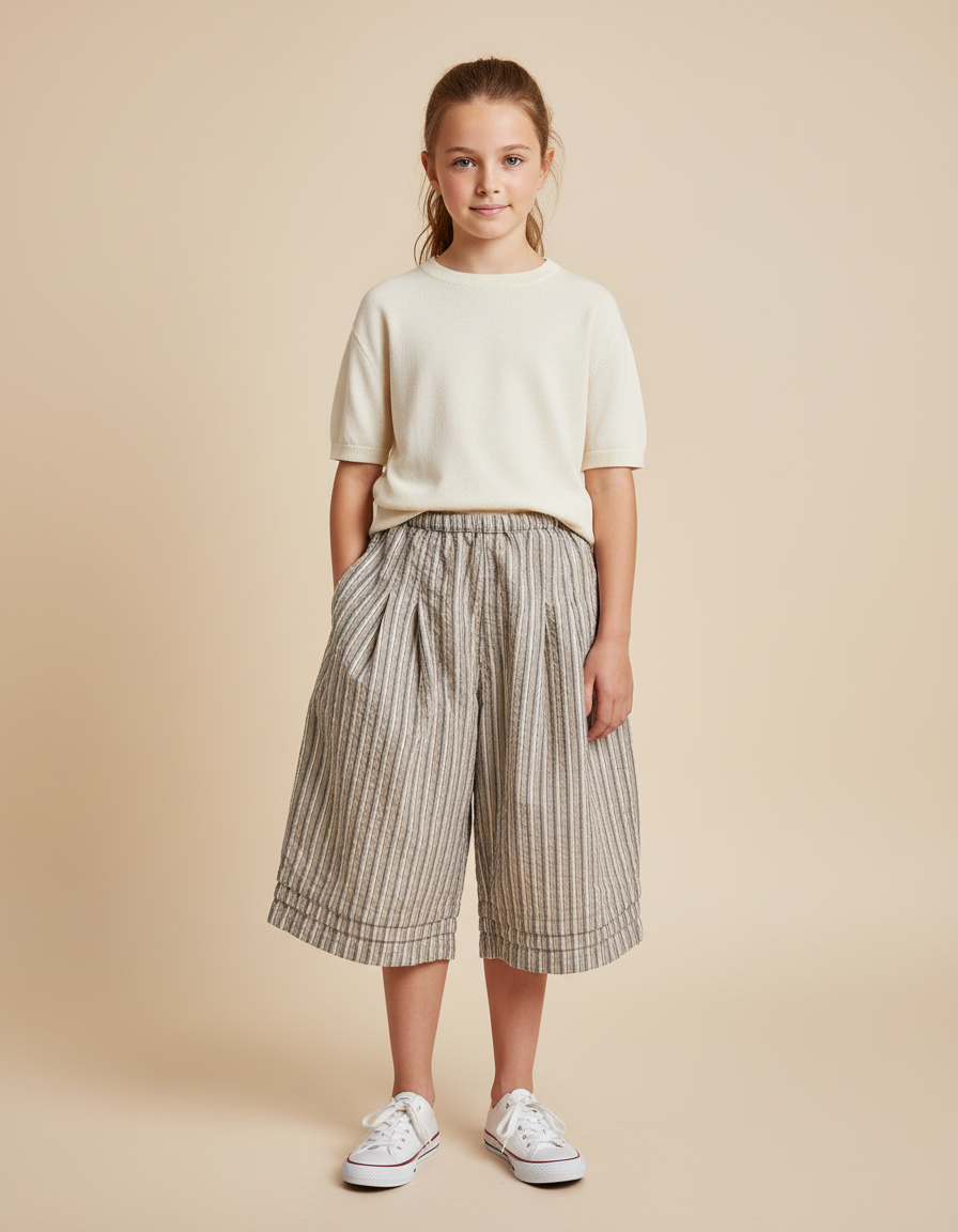 Pantalon À Pince Rayé Coton Ample Court Décontracté - Multicolore