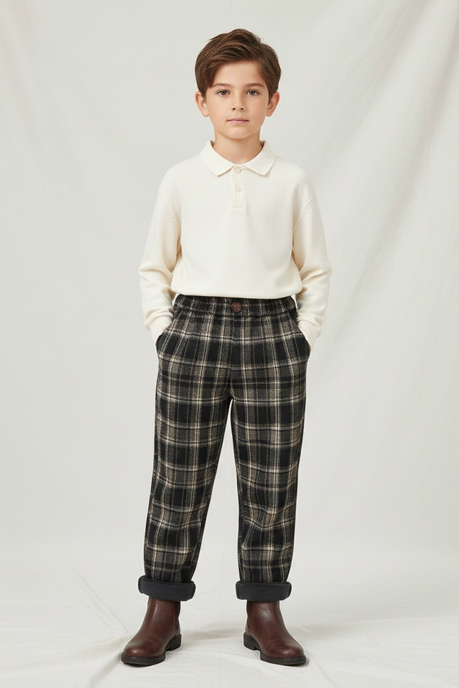 Pantalon À Pince Carreaux Écossais Chaud Doublé Molleton Garçon - Multicolore Tweed
