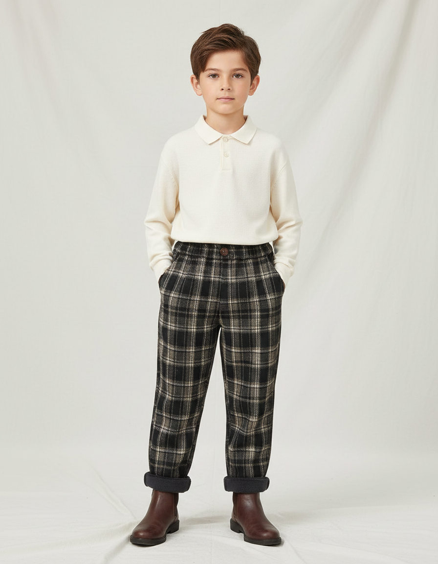 Pantalon À Pince Carreaux Écossais Chaud Doublé Molleton Garçon - Multicolore Tweed