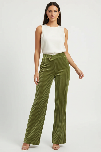 Pantalon À Pince Vert Côtelé Velours Taille Haute Fluide - Cordé