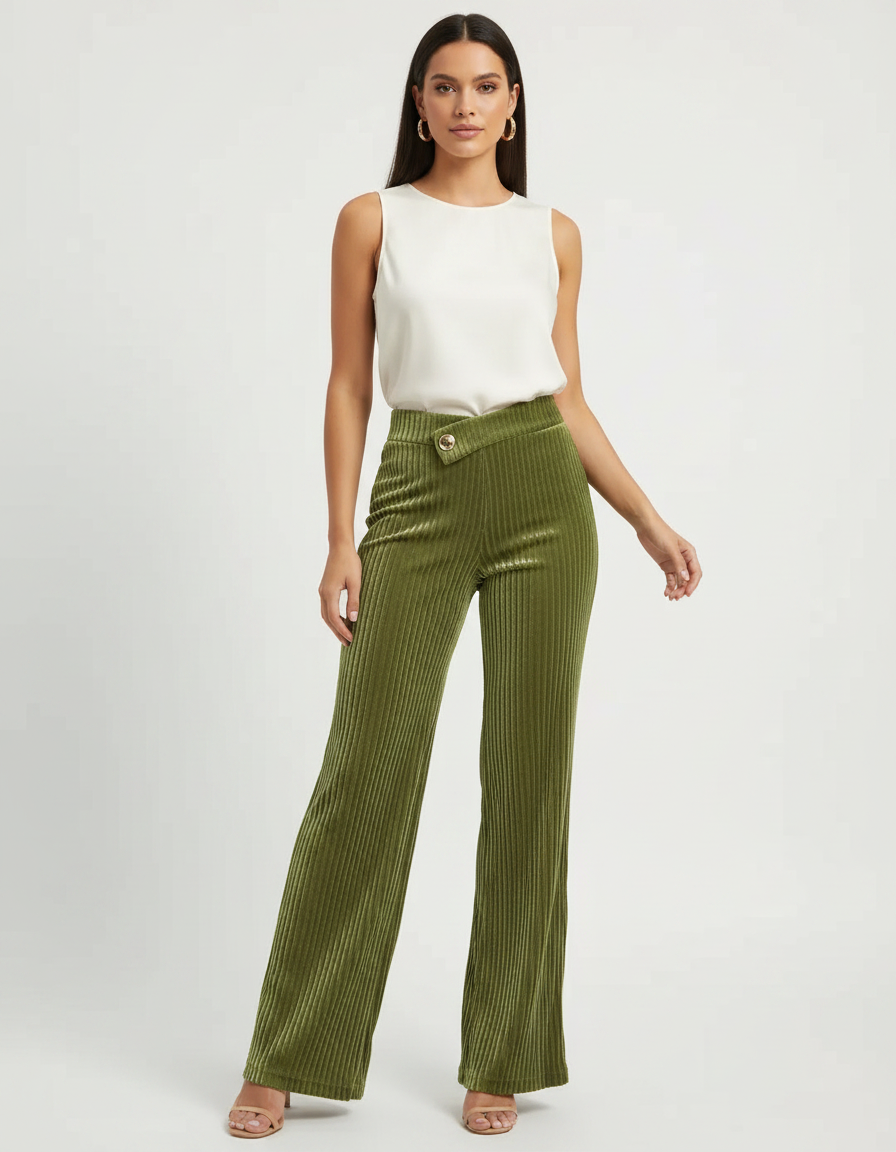 Pantalon À Pince Vert Côtelé Velours Taille Haute Fluide - Cordé