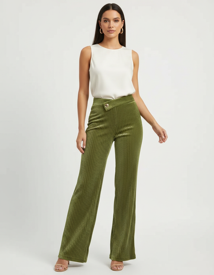 Pantalon À Pince Vert Côtelé Velours Taille Haute Fluide - Cordé