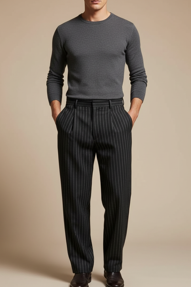 Pantalon À Pince Noir Rayé Plissé Droit Élégant - Laine