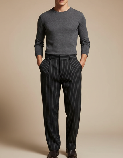 Pantalon À Pince Noir Rayé Plissé Droit Élégant - Laine