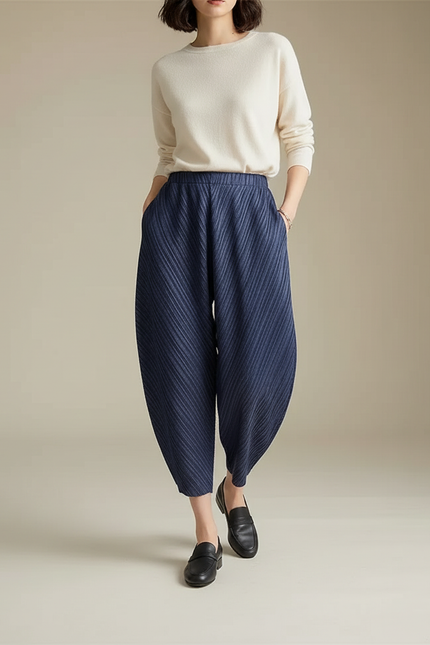 Pantalon À Pince Plissé Bleu Marine Ample Décontracté - Polyester