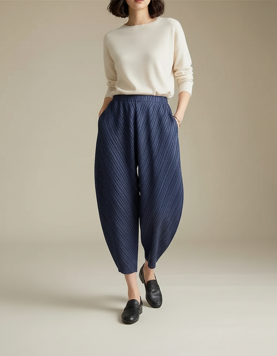 Pantalon À Pince Plissé Bleu Marine Ample Décontracté - Polyester