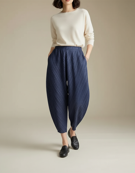Pantalon À Pince Plissé Bleu Marine Ample Décontracté - Polyester