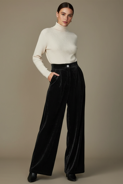 Pantalon À Pince Noir Velours Ample Élégant Taille Haute