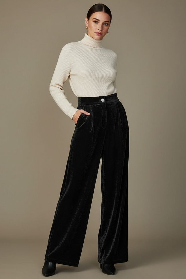 Pantalon À Pince Noir Velours Ample Élégant Taille Haute