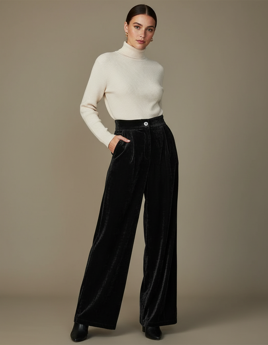 Pantalon À Pince Noir Velours Ample Élégant Taille Haute