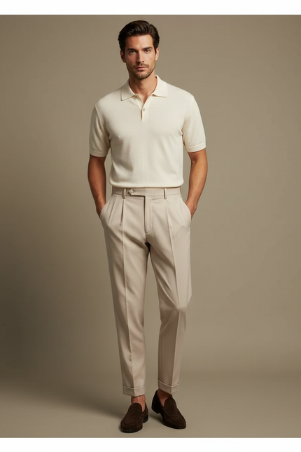 Pantalon À Pince Beige Plissé Fluide Élégant Homme - Gabardine