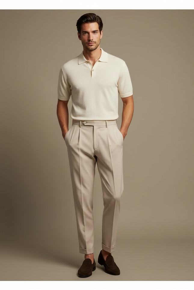 Pantalon À Pince Beige Plissé Fluide Élégant Homme - Gabardine