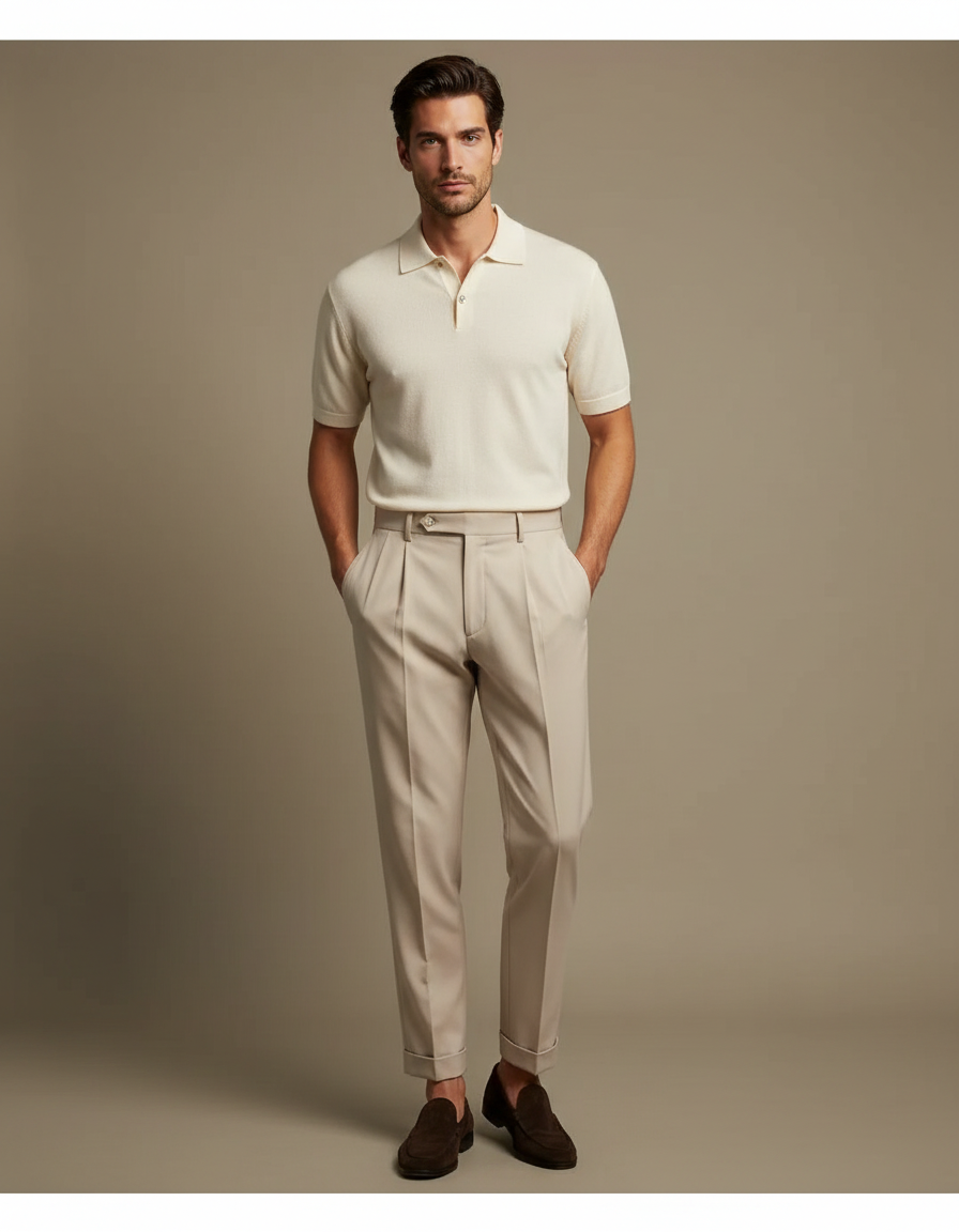 Pantalon À Pince Beige Plissé Fluide Élégant Homme - Gabardine
