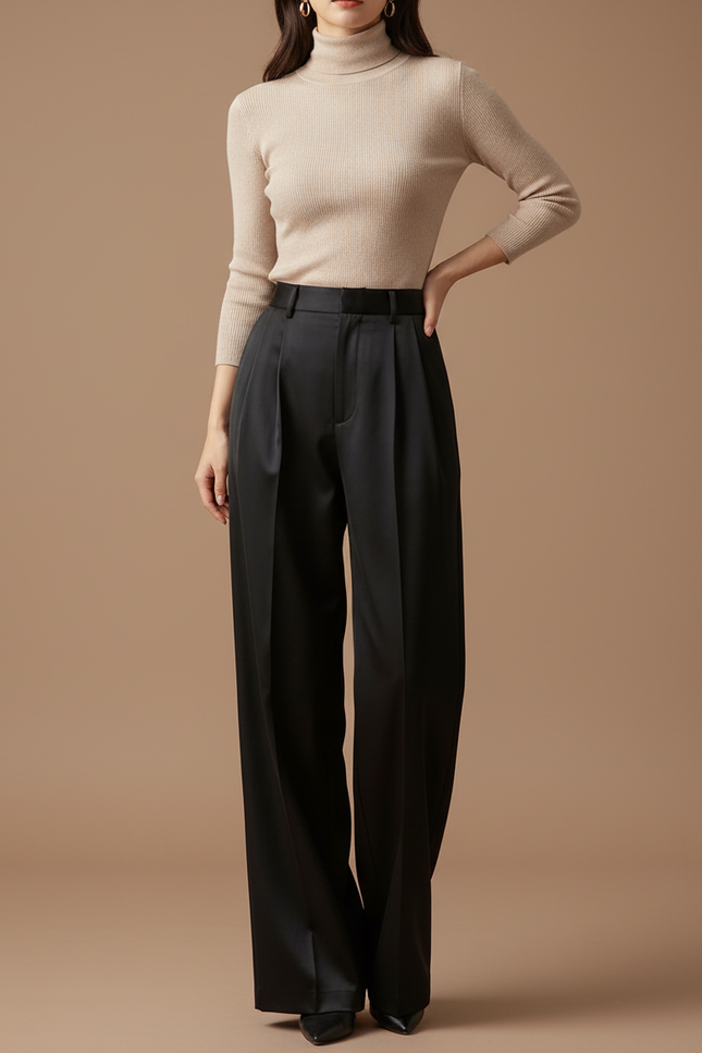 Pantalon À Pince Noir Satiné Ample Plissé Élégant