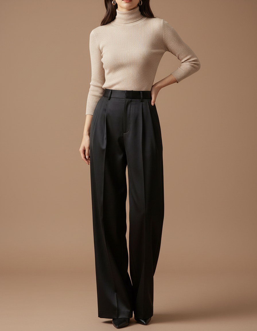 Pantalon À Pince Noir Satiné Ample Plissé Élégant