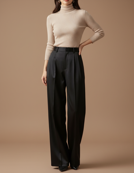 Pantalon À Pince Noir Satiné Ample Plissé Élégant