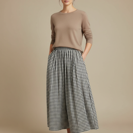 Pantalon À Pince Carreaux Vichy Ample Fluide Femme - Imprimé Coton