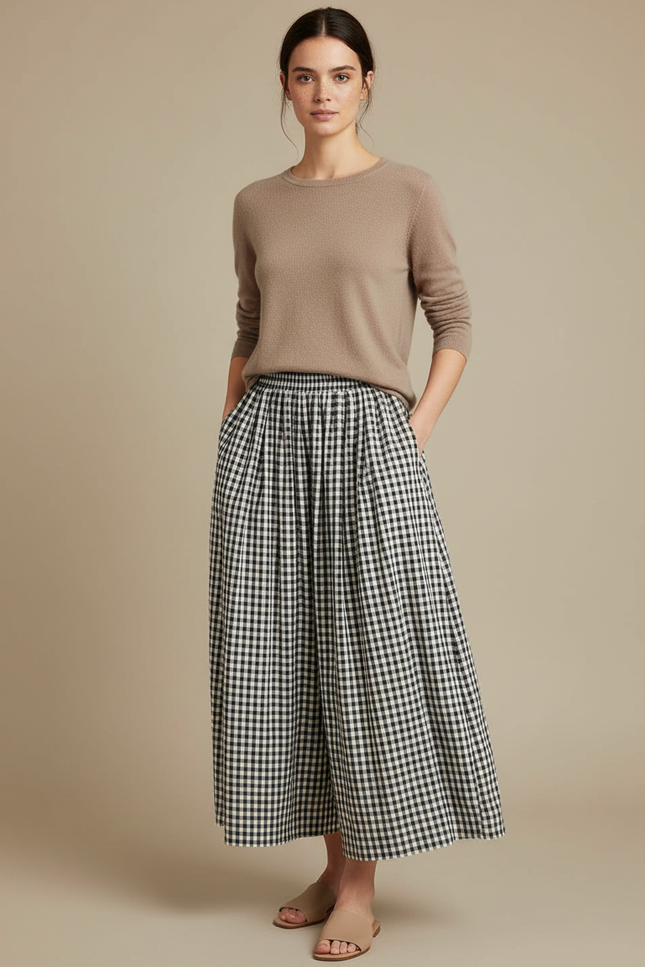 Pantalon À Pince Carreaux Vichy Ample Fluide Femme - Imprimé Coton