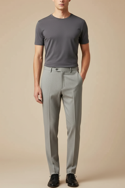 Pantalon À Pince Gris Clair, Élégant, Fin, Motif Discret - Gabardine