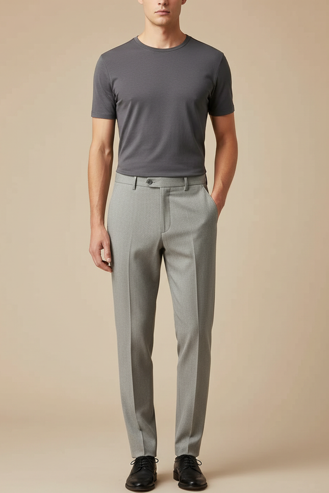 Pantalon À Pince Gris Clair, Élégant, Fin, Motif Discret - Gabardine