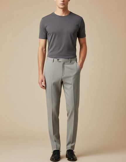 Pantalon À Pince Gris Clair, Élégant, Fin, Motif Discret - Gabardine