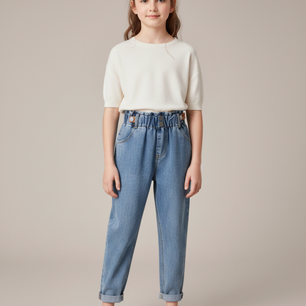 Pantalon À Pince Bleu Denim Taille Haute Fille - Jean