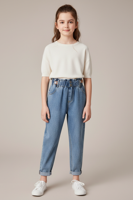 Pantalon À Pince Bleu Denim Taille Haute Fille - Jean