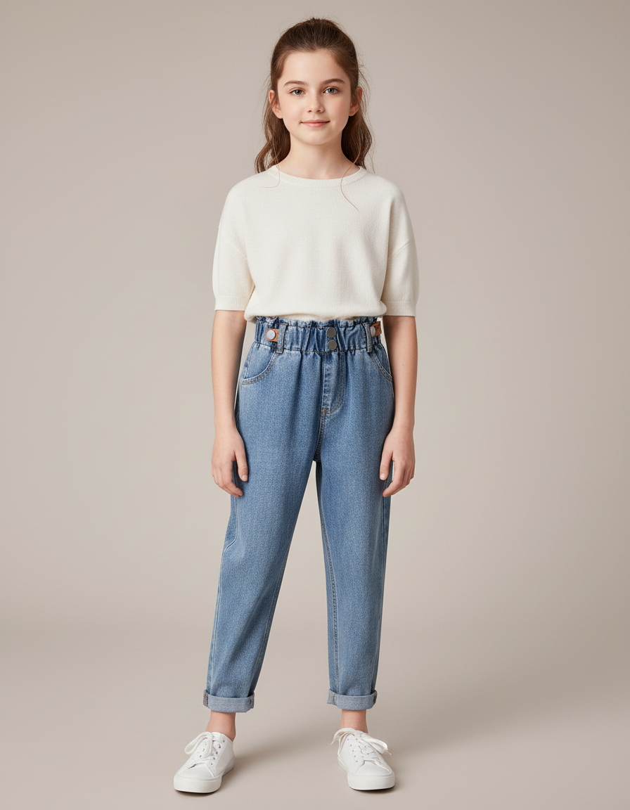 Pantalon À Pince Bleu Denim Taille Haute Fille - Jean