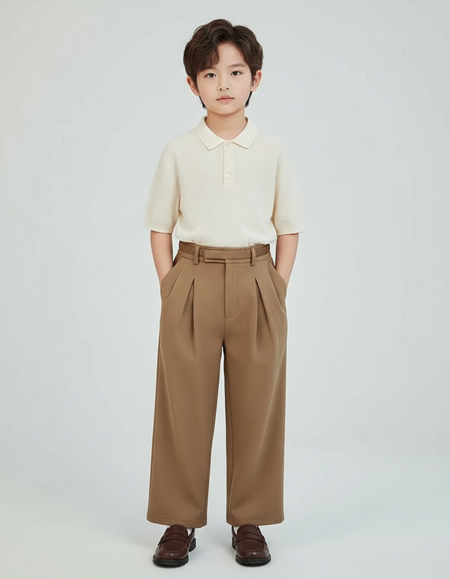 Pantalon À Pince Marron Plissé Ample Enfant Chic - Gabardine