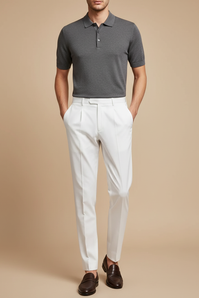 Pantalon À Pince Blanc Plissé Élégant Droit Homme - Gabardine