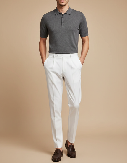 Pantalon À Pince Blanc Plissé Élégant Droit Homme - Gabardine